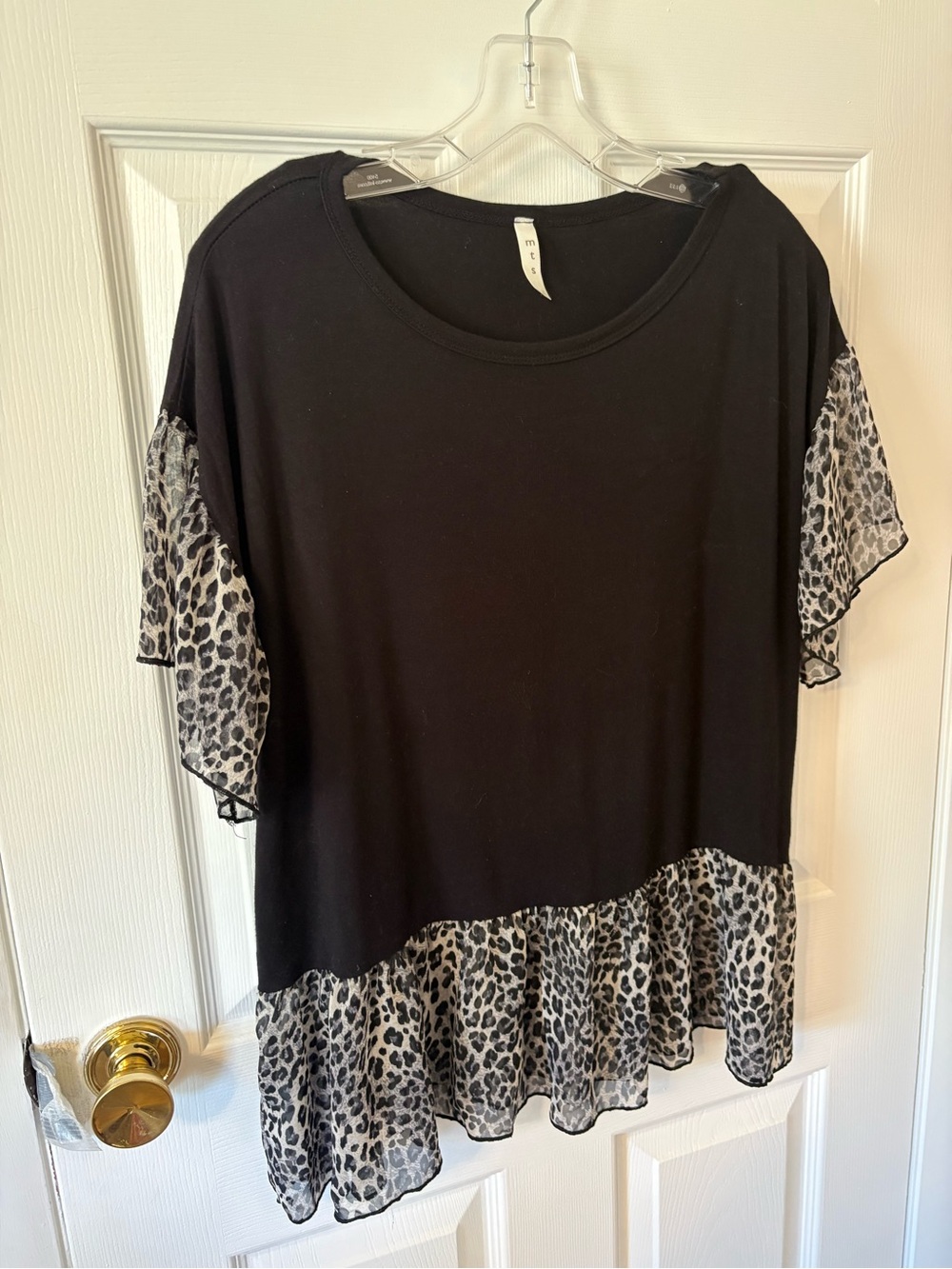 mts Black Top with Leopard-Print Ruffle Trim